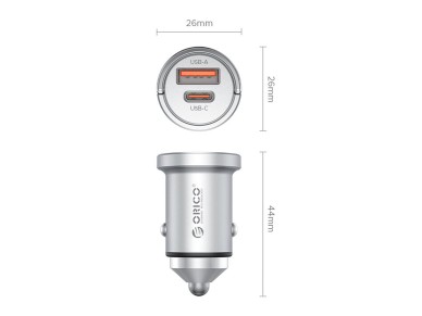 Cargador de coche Orico MiniRing Pro de 45 W con puertos USB-A y USB-C - Plateado