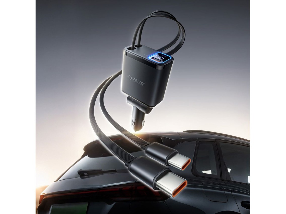 Cargador de coche Orico Twin Reach de 45 W con USB-A + USB-C y dos cables USB-C retr�ctiles - Negro