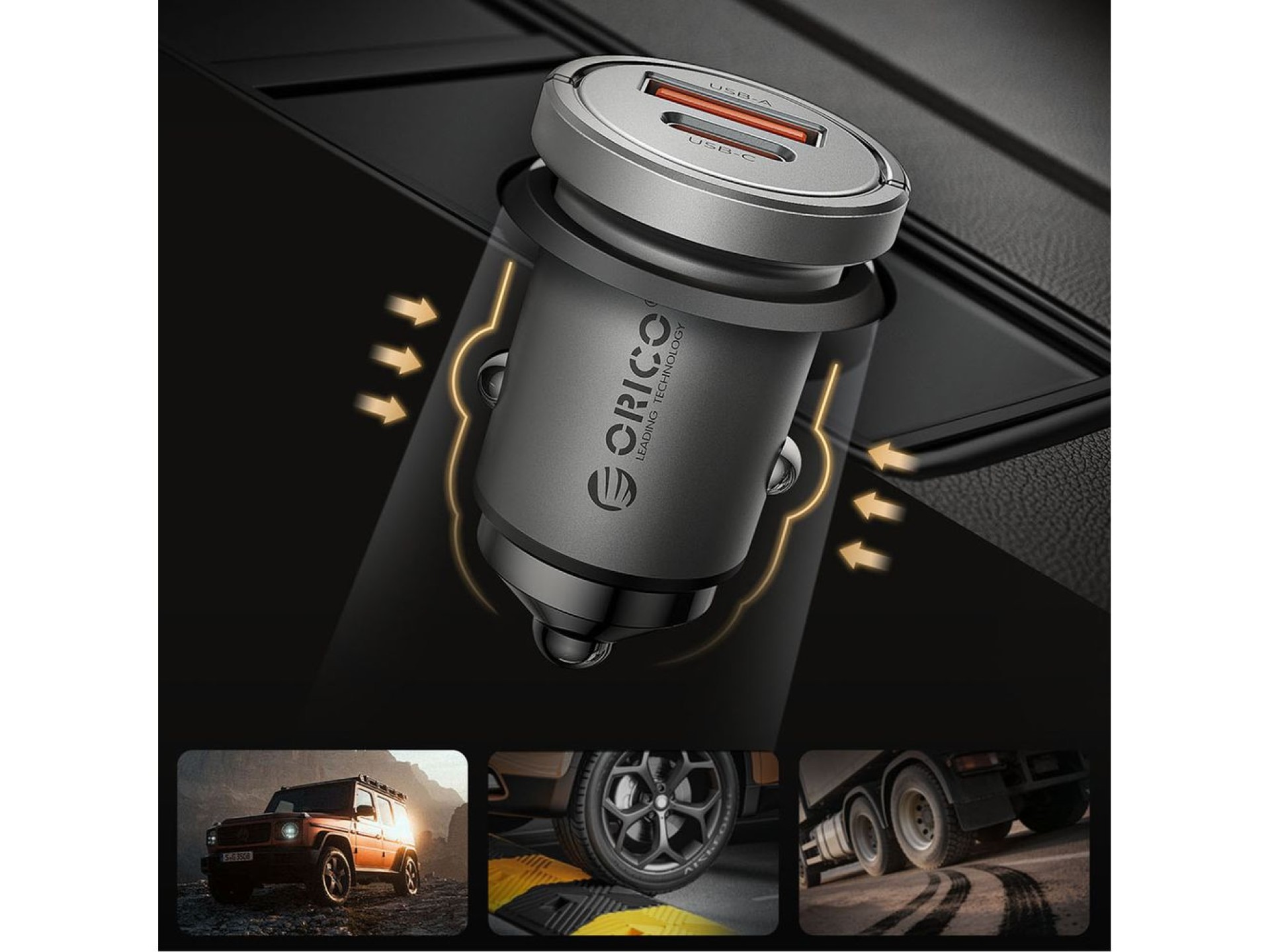 Cargador de coche Orico MiniRing Pro de 45 W con puertos USB-A y USB-C - Plateado