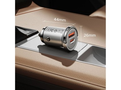 Cargador de coche Orico MiniRing Pro de 45 W con puertos USB-A y USB-C - Plateado