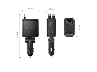 Carregador veicular Orico Twin Reach 45W USB-A + USB-C com dois cabos USB-C retr�teis - Preto