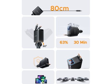 Carregador veicular Orico Twin Reach 45W USB-A + USB-C com dois cabos USB-C retr�teis - Preto