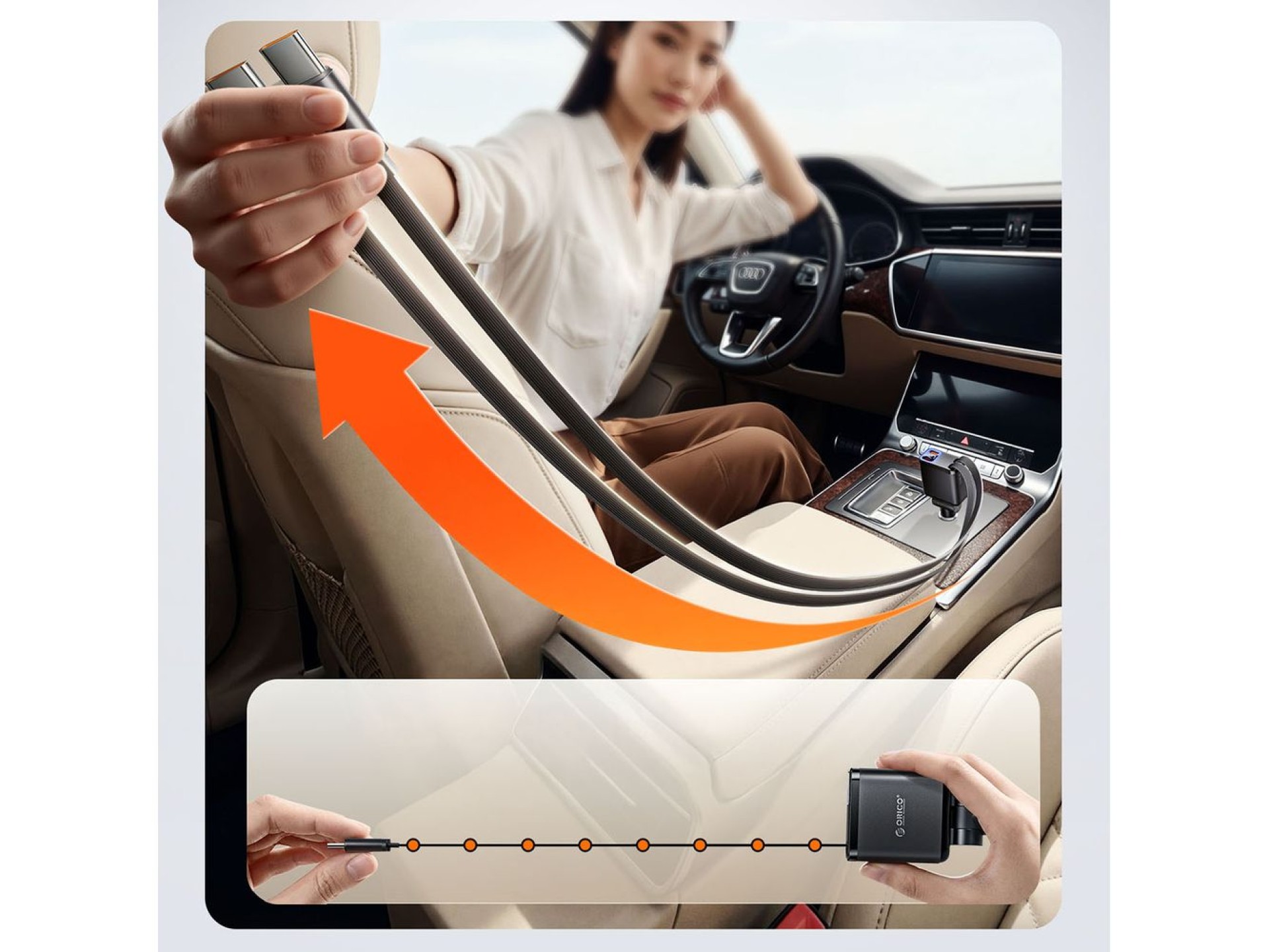 Cargador de coche Orico Twin Reach de 45 W con USB-A + USB-C y dos cables USB-C retráctiles - Negro