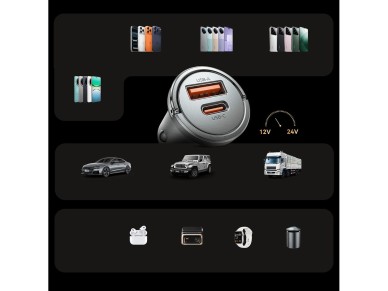 Cargador de coche Orico MiniRing Pro de 45 W con puertos USB-A y USB-C - Plateado