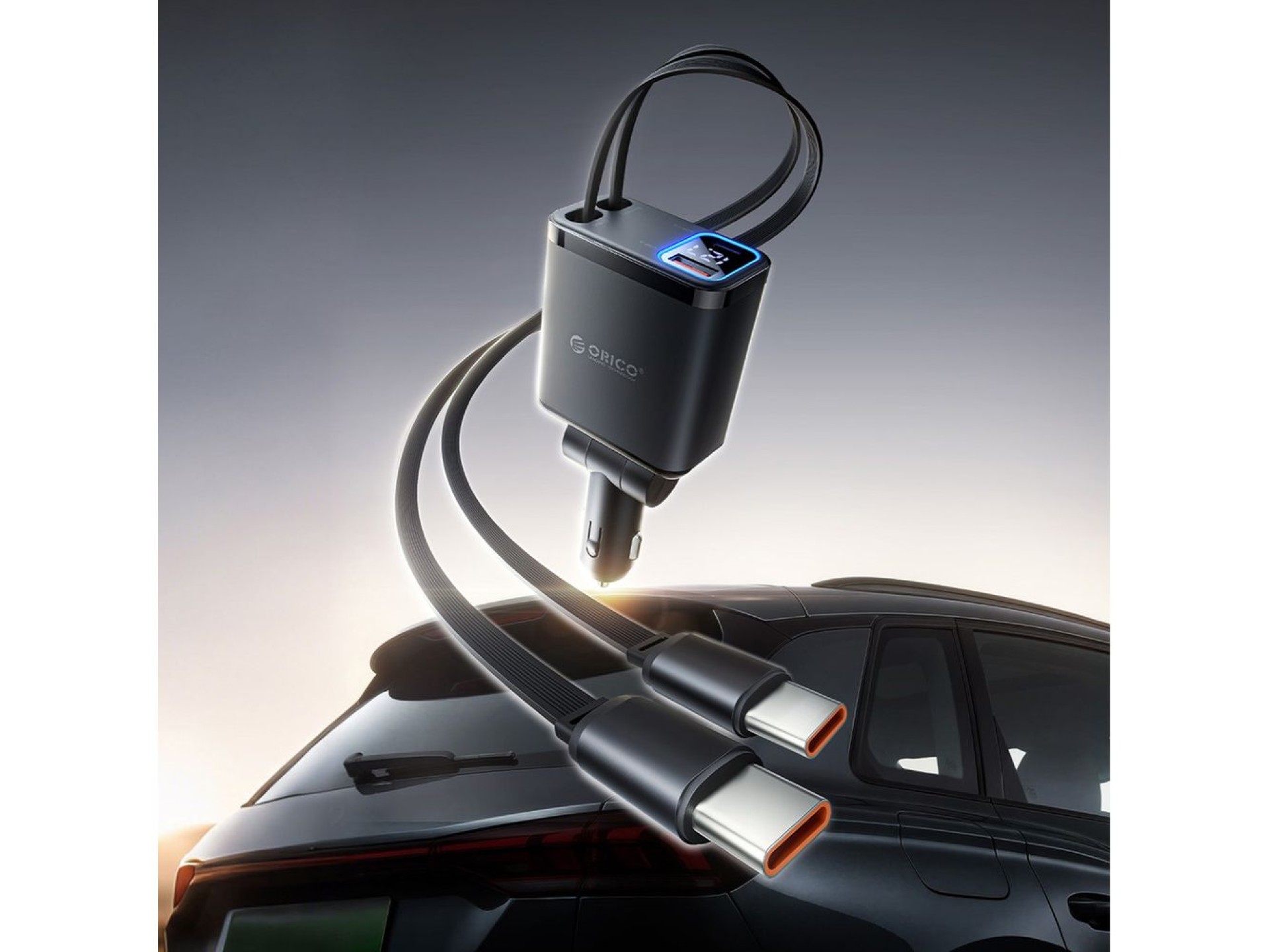 Cargador de coche Orico Twin Reach de 45 W con USB-A + USB-C y dos cables USB-C retráctiles - Negro