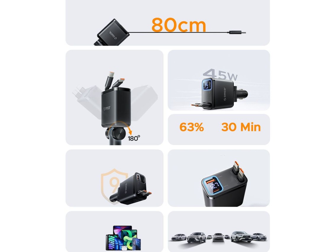 Cargador de coche Orico Twin Reach de 45 W con USB-A + USB-C y dos cables USB-C retr�ctiles - Negro