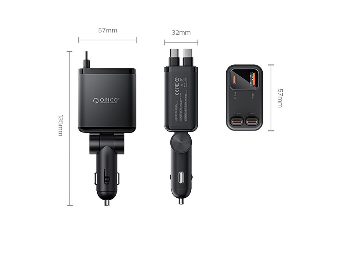 Cargador de coche Orico Twin Reach de 45 W con USB-A + USB-C y dos cables USB-C retr�ctiles - Negro
