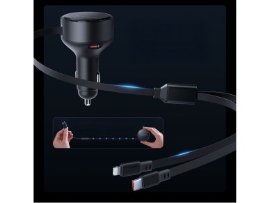 Cargador de coche Orico Dual Stretch de 60 W con USB-C y dos cables retr�ctiles USB-C + Lightning - 