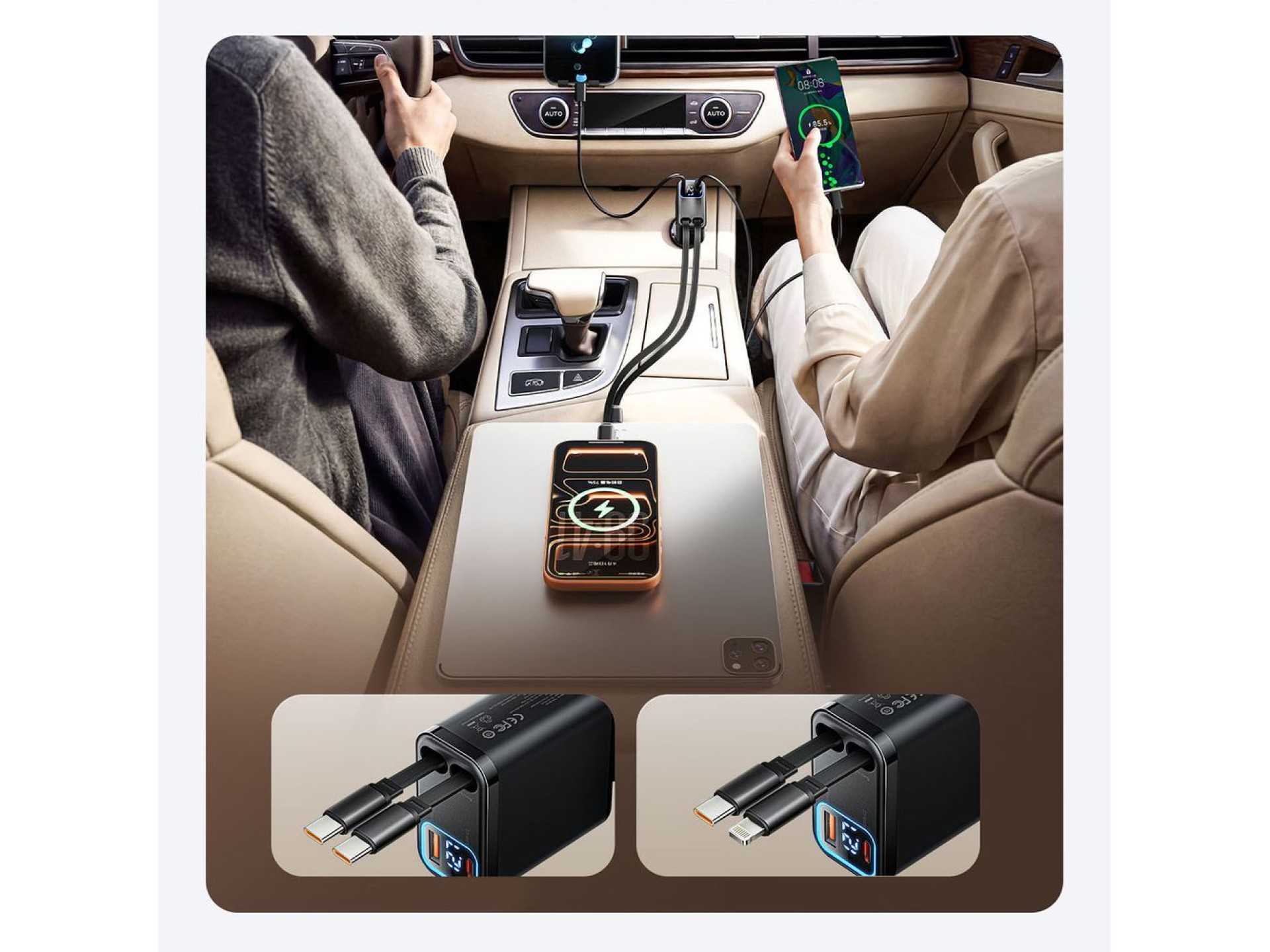 Orico Twin Reach 45W USB-A + USB-C Car Charger with Two Retractable USB-C Cables - Black