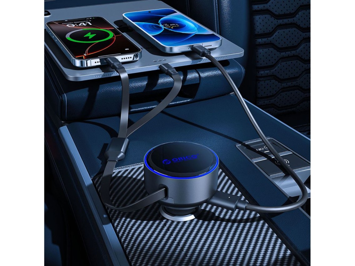 Orico Dual Stretch 60W USB-C Car Charger with Two Retractable USB-C + Lightning Cables - Black