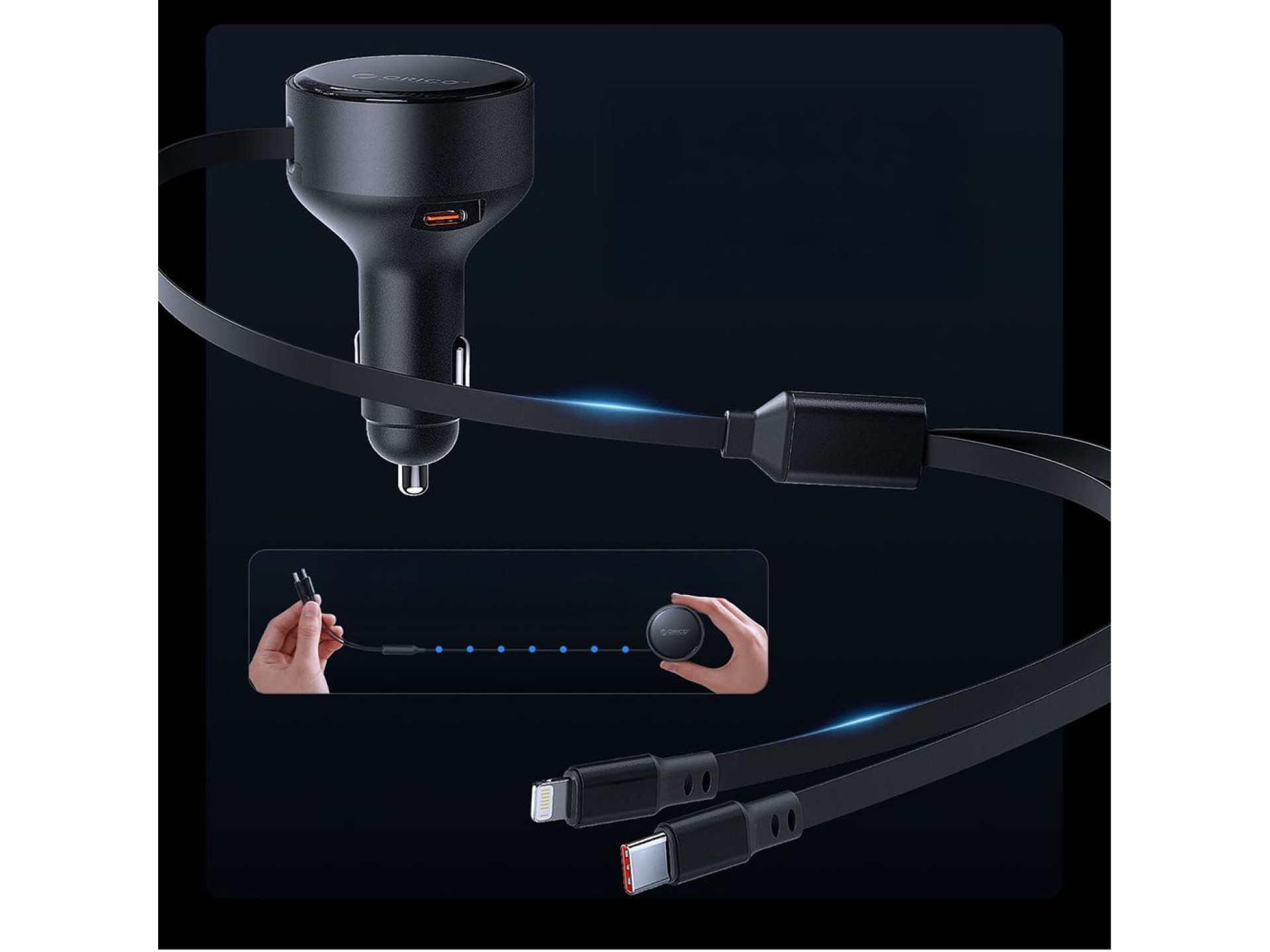 Orico Dual Stretch 60W USB-C Car Charger with Two Retractable USB-C + Lightning Cables - Black