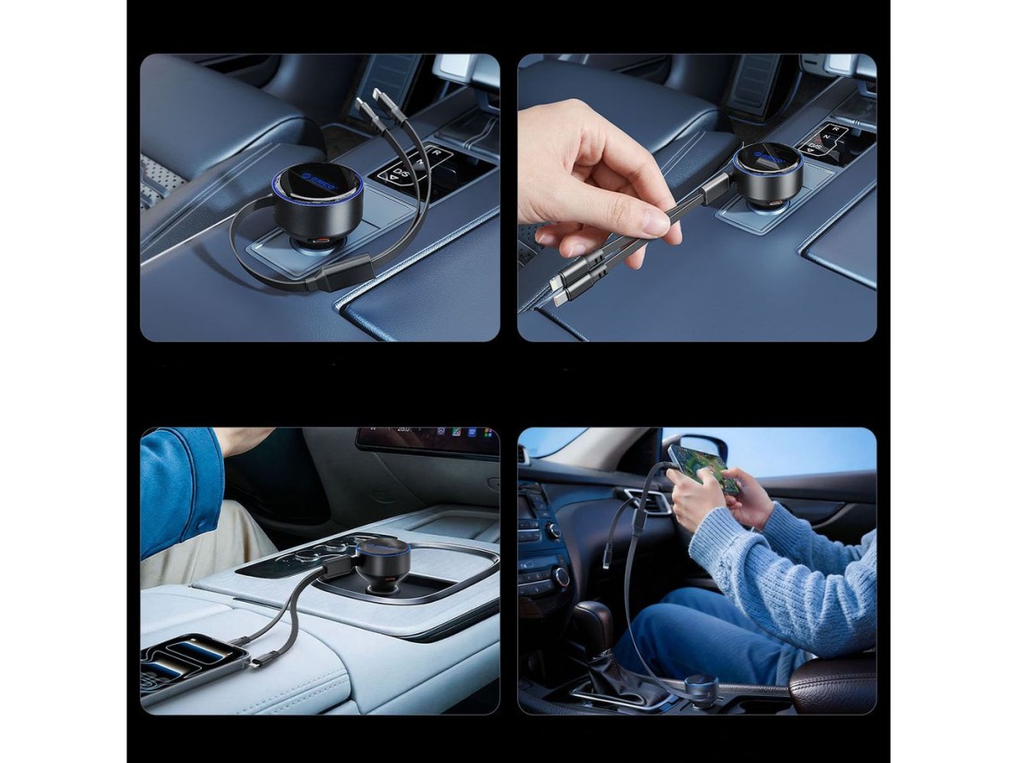Orico Dual Stretch 60W USB-C Car Charger with Two Retractable USB-C + Lightning Cables - Black