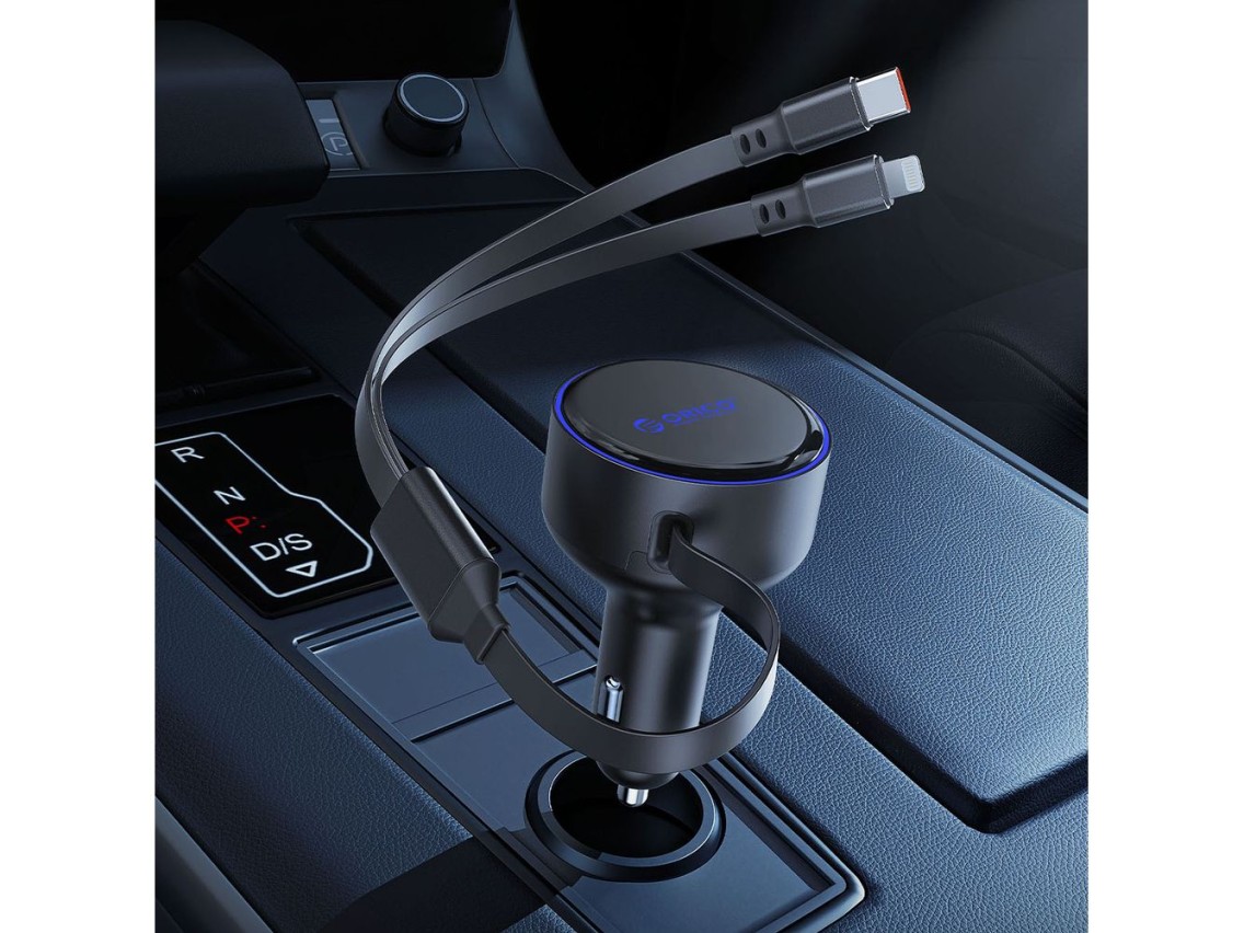 Orico Dual Stretch 60W USB-C Car Charger with Two Retractable USB-C + Lightning Cables - Black