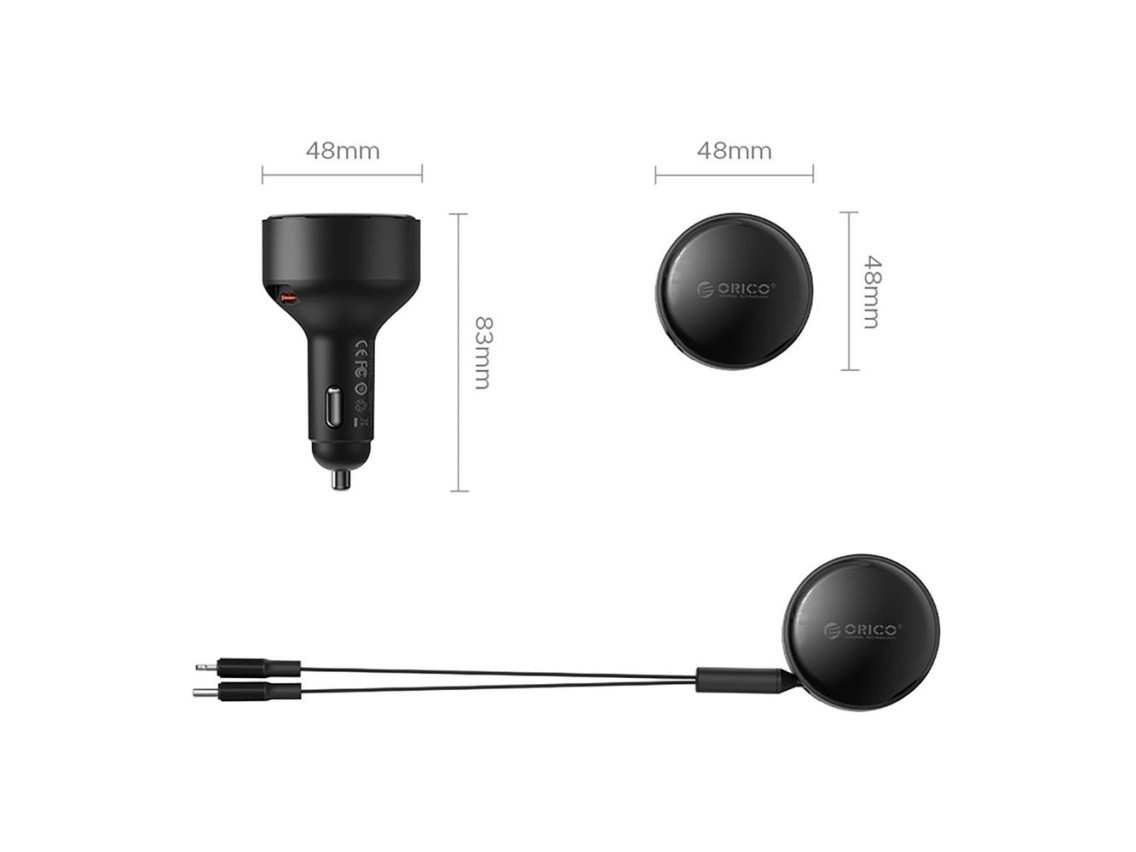 Orico Dual Stretch 60W USB-C Car Charger with Two Retractable USB-C + Lightning Cables - Black