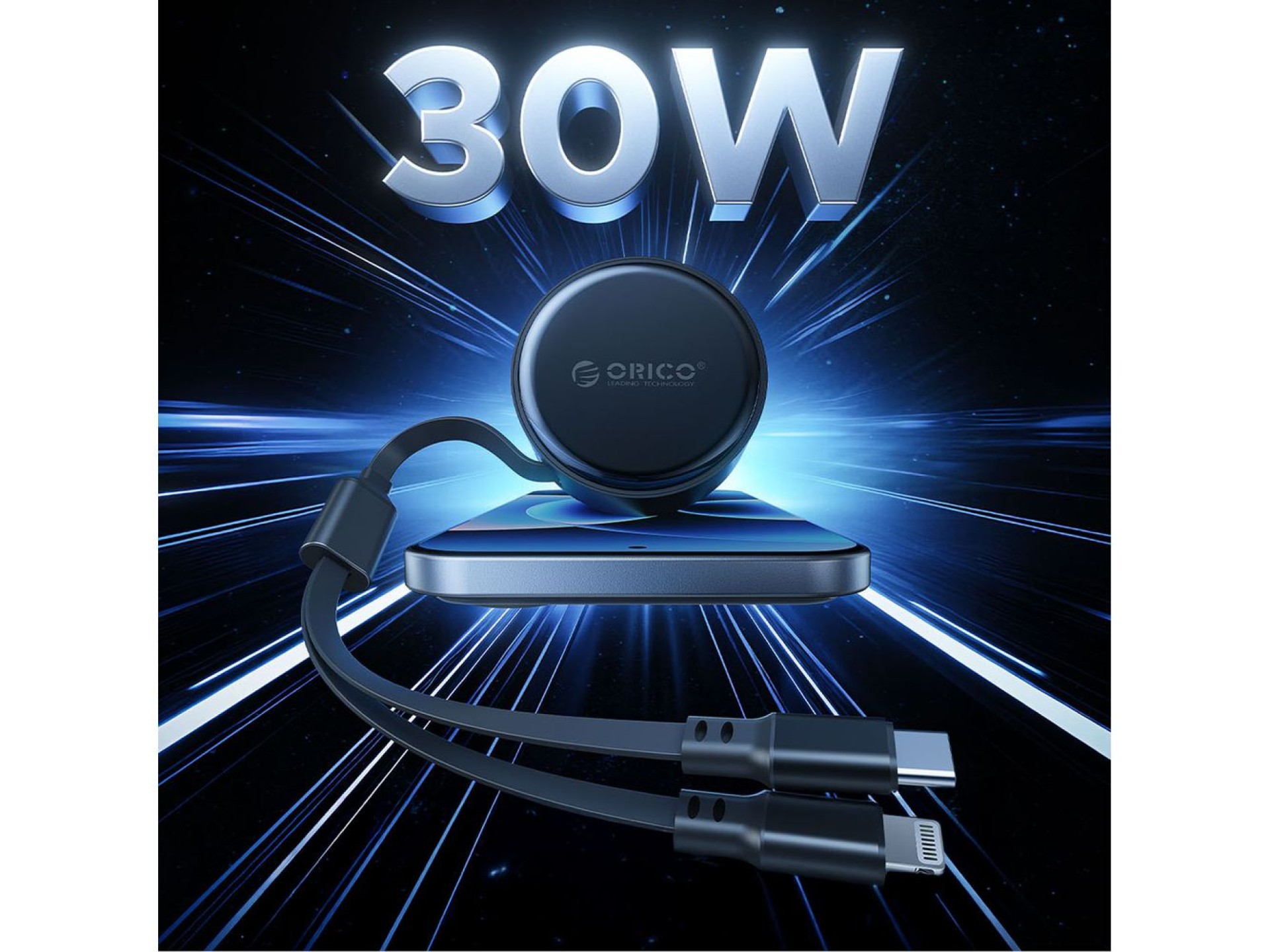 Orico Dual Stretch 60W USB-C Car Charger with Two Retractable USB-C + Lightning Cables - Black