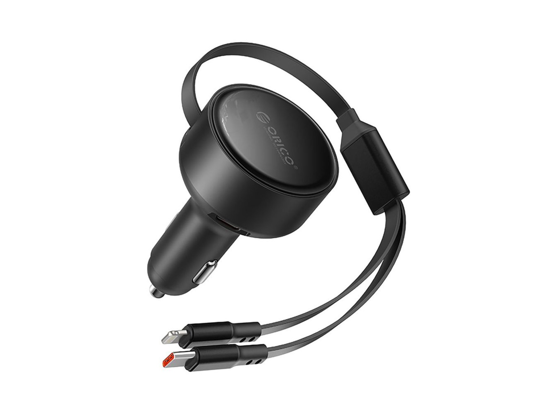 Orico Dual Stretch 60W USB-C Car Charger with Two Retractable USB-C + Lightning Cables - Black