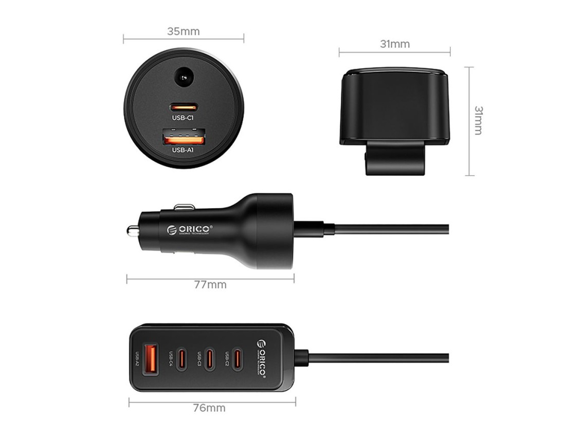 Cargador de coche Orico ChargeClip de 108 W con 2 puertos USB-A y 4 puertos USB-C con clip - Negro