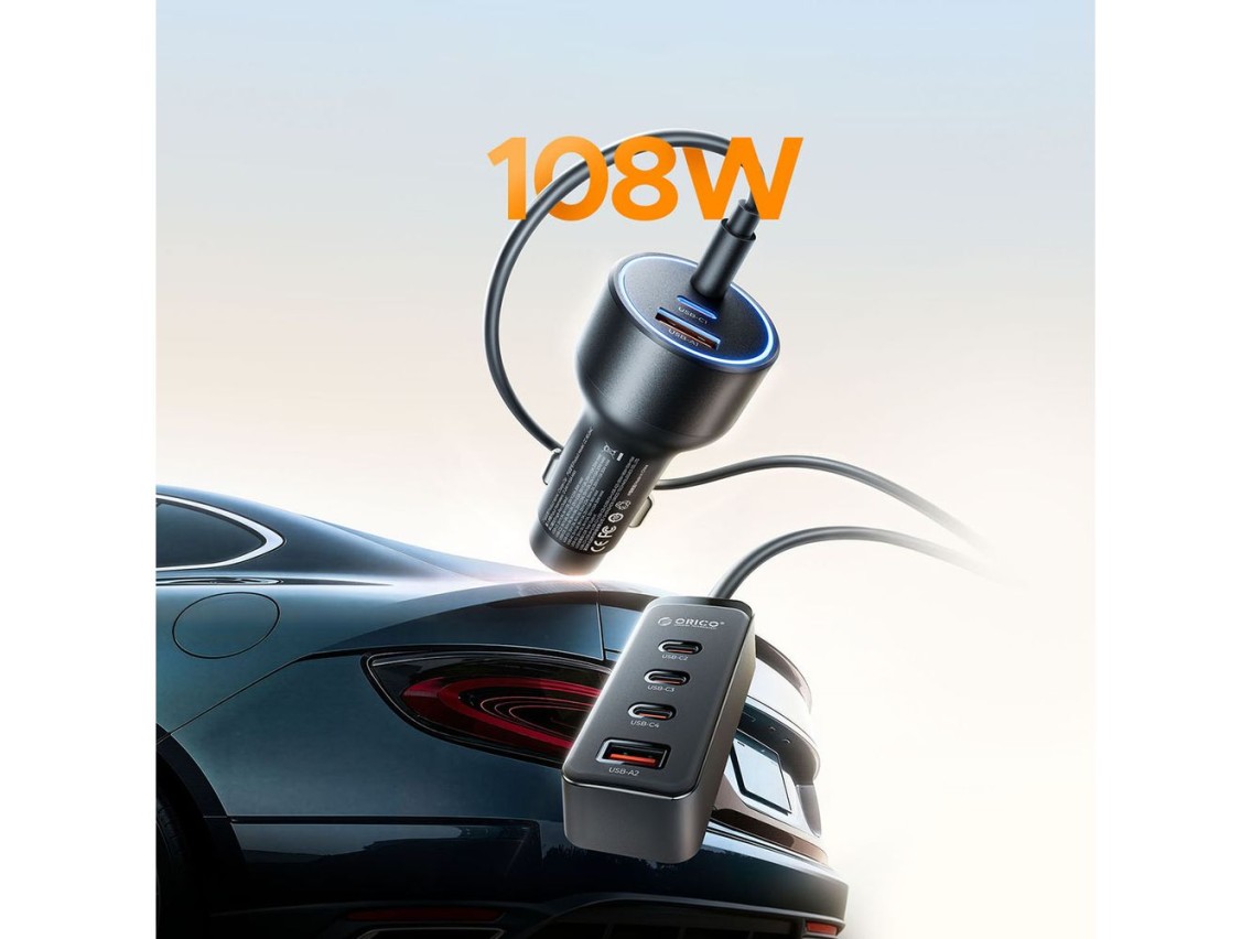 Cargador de coche Orico ChargeClip de 108 W con 2 puertos USB-A y 4 puertos USB-C con clip - Negro
