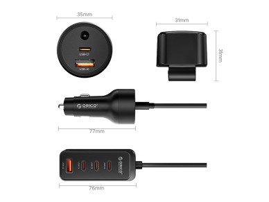 Cargador de coche Orico ChargeClip de 108 W con 2 puertos USB-A y 4 puertos USB-C con clip - Negro