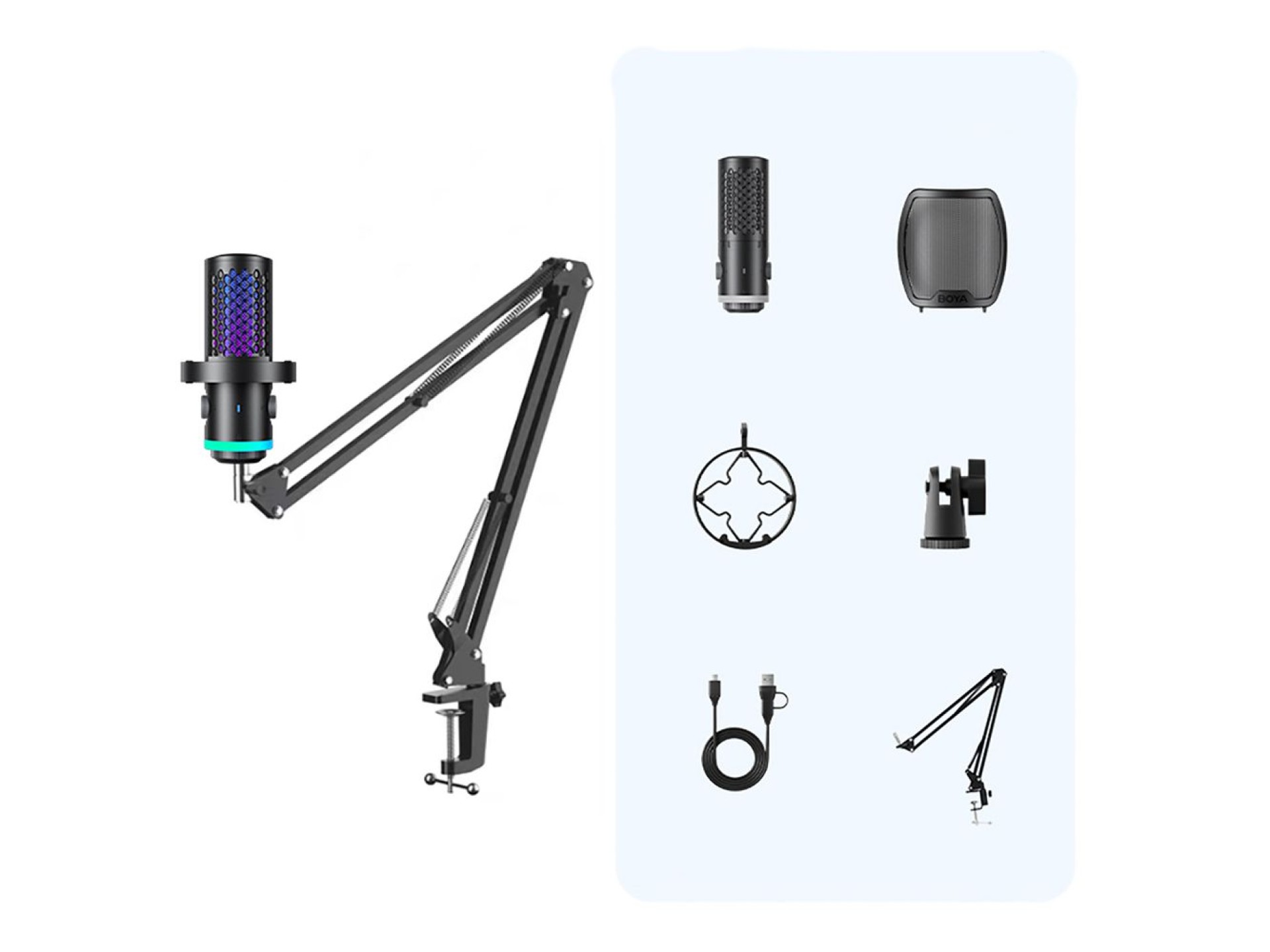 Micrófono para juegos con cable BOYA CastMic G40B con brazo, USB-C - Negro