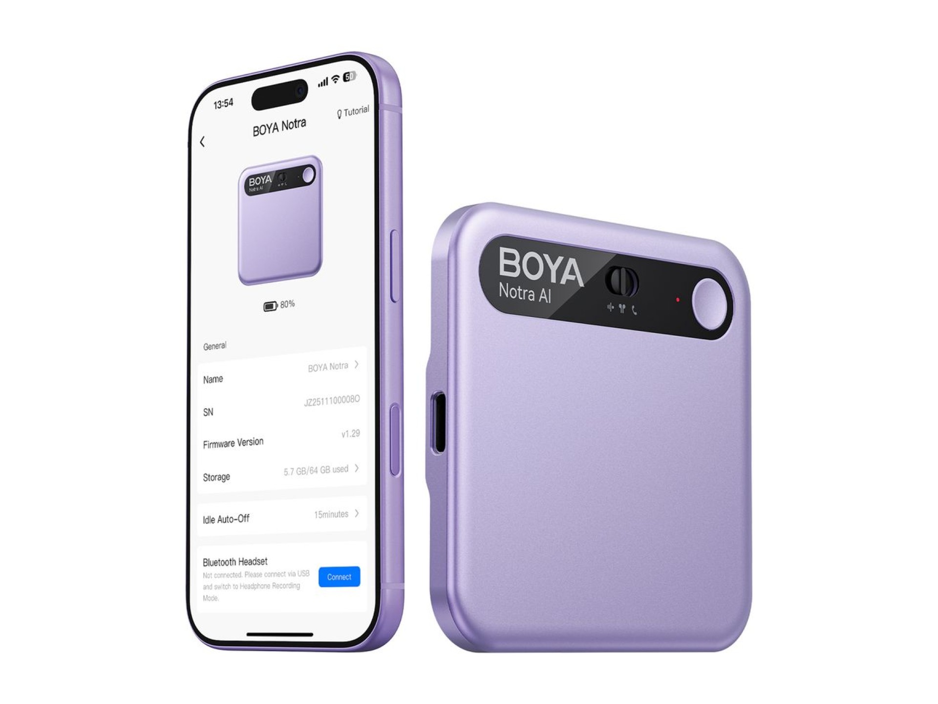 Gravador de voz BOYA Notra com transcrição por IA - Roxo
