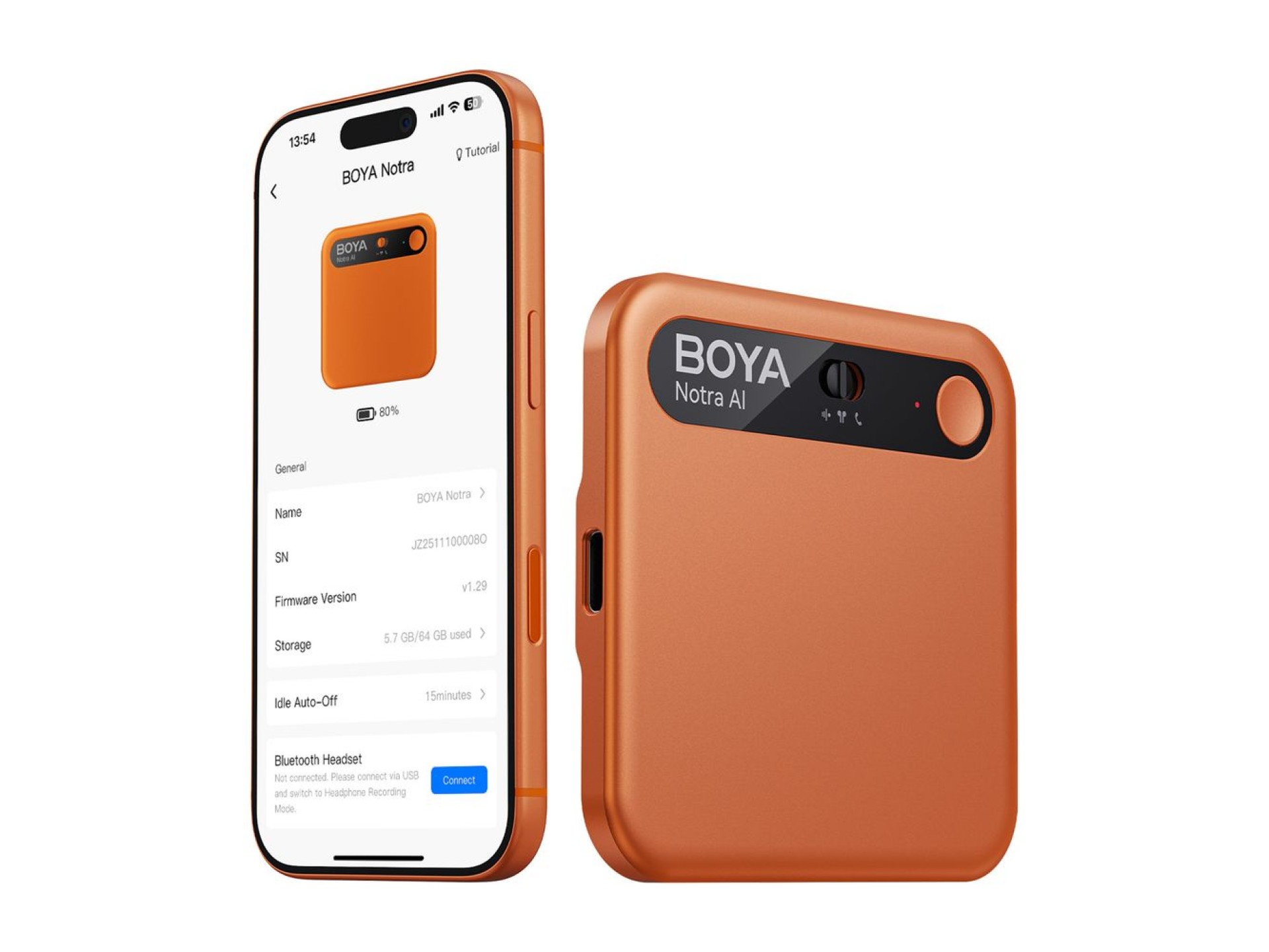 Gravador de voz BOYA Notra com transcrição por IA - Laranja