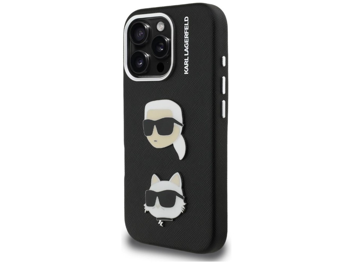 Capa Karl Lagerfeld FW Granulada com Pins das Cabeças de Karl e Choupette para iPhone 16 Pro - Preta