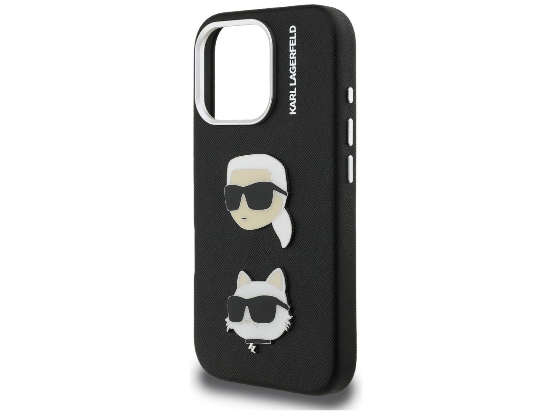 Karl Lagerfeld FW Grained Karl & Choupette Heads Pins Case for iPhone 16 Pro Max - Black