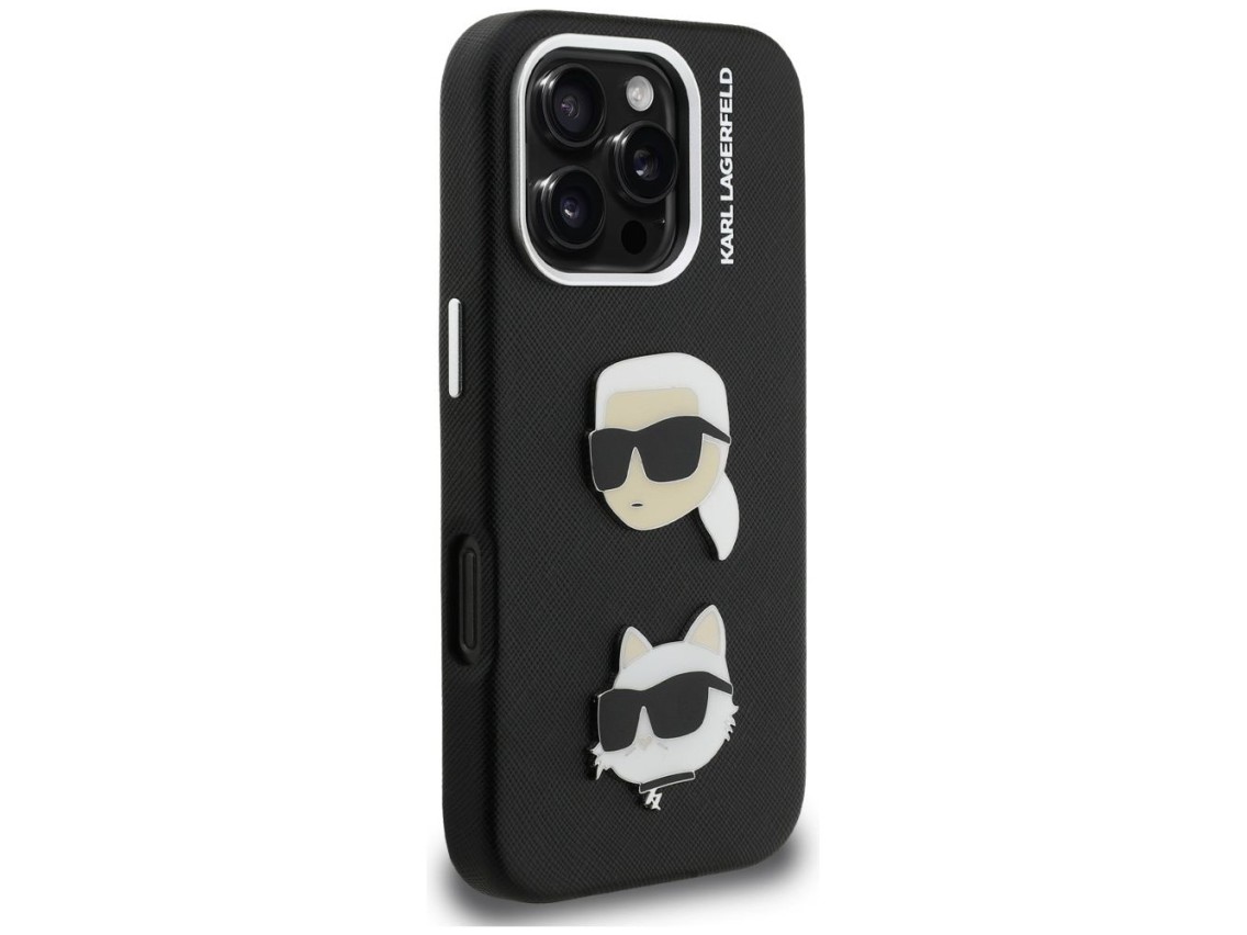 Capa Karl Lagerfeld FW Granulada com Pins das Cabeças de Karl e Choupette para iPhone 16 Pro - Preta