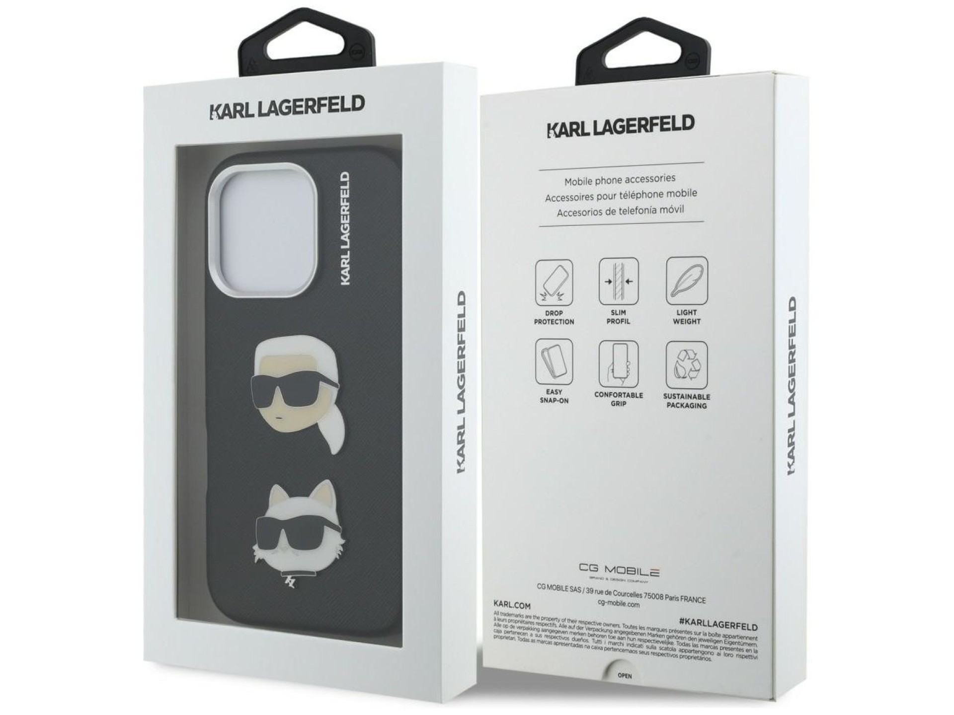 Capa Karl Lagerfeld FW Granulada com Pins das Cabeças de Karl e Choupette para iPhone 16 Pro - Preta