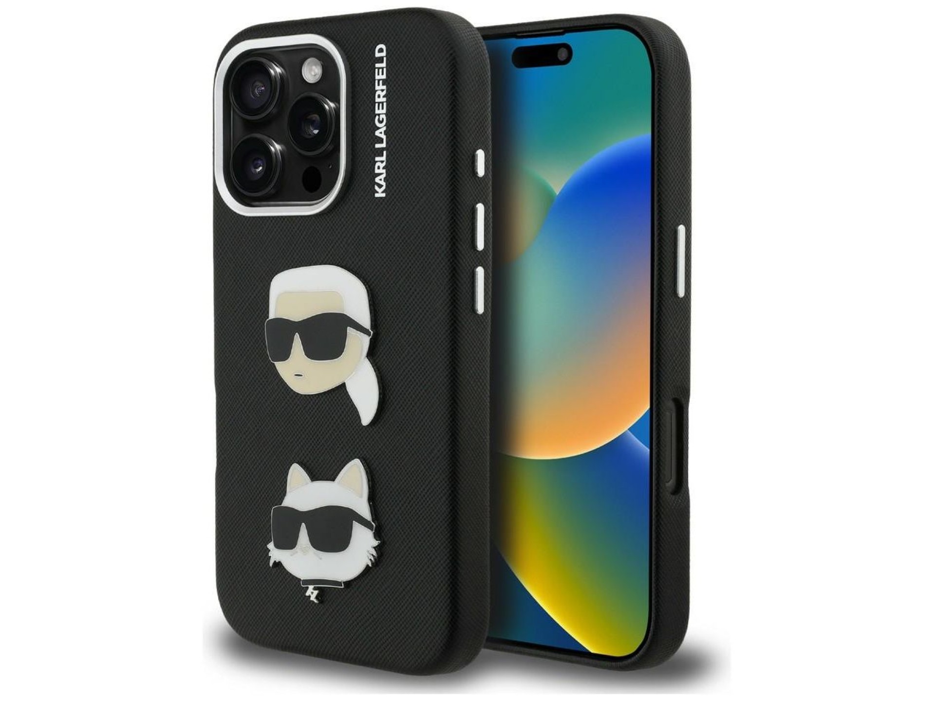 Karl Lagerfeld FW Grained Karl & Choupette Heads Pins Case for iPhone 16 Pro Max - Black