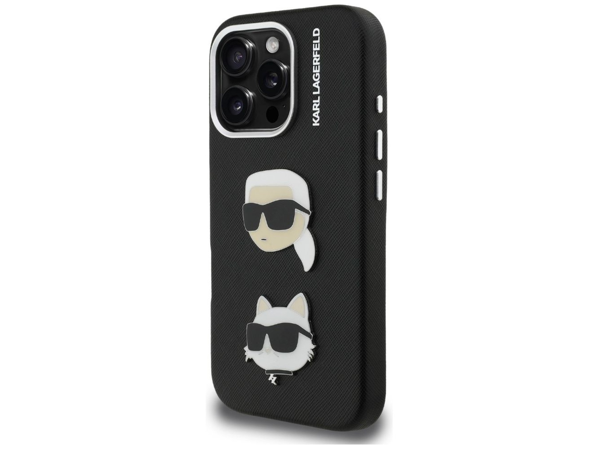 Karl Lagerfeld FW Grained Karl & Choupette Heads Pins Case for iPhone 16 Pro Max - Black