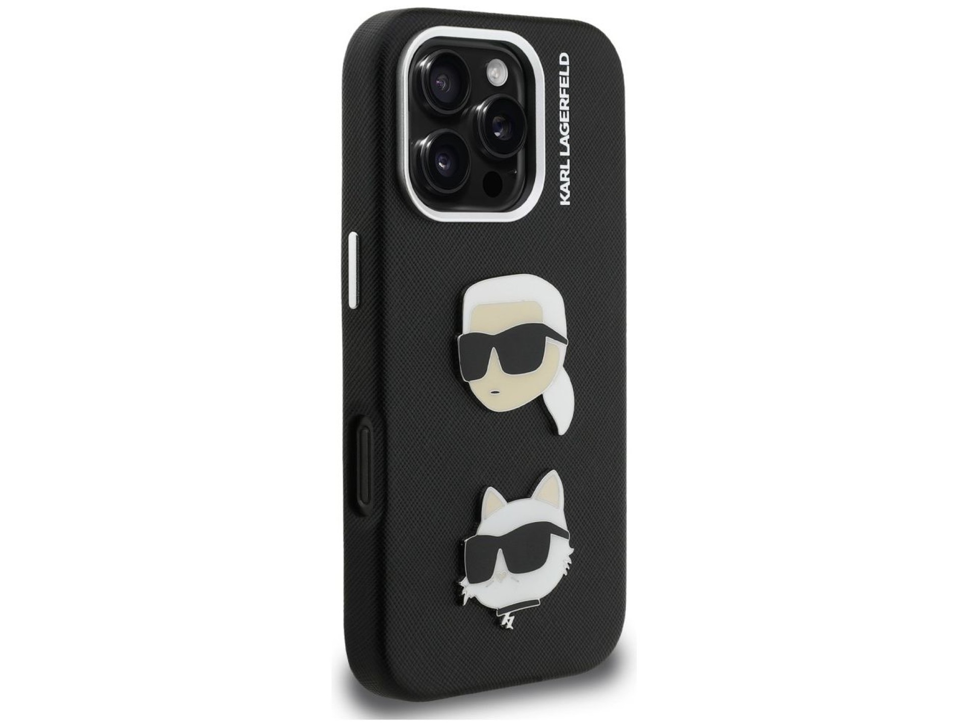 Karl Lagerfeld FW Grained Karl & Choupette Heads Pins Case for iPhone 16 Pro Max - Black
