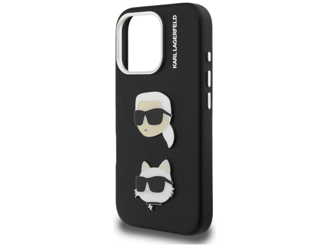 Karl Lagerfeld FW Grained Karl & Choupette Heads Pins Case for iPhone 16 Pro Max - Black