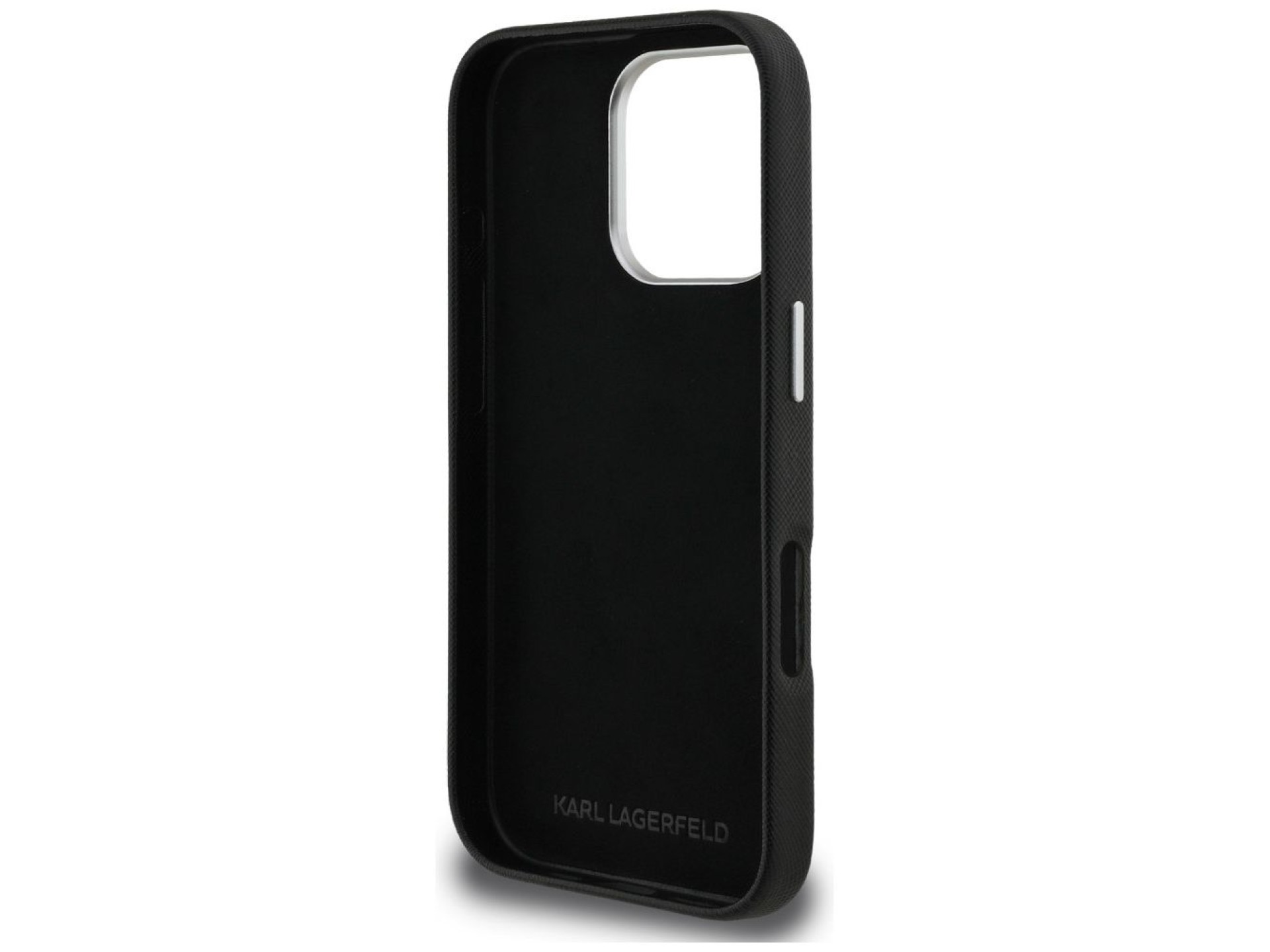 Capa Karl Lagerfeld FW Granulada com Pins das Cabeças de Karl e Choupette para iPhone 16 Pro - Preta