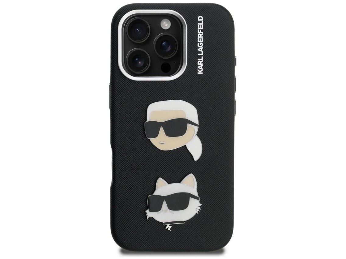 Karl Lagerfeld FW Grained Karl & Choupette Heads Pins Case for iPhone 16 Pro Max - Black