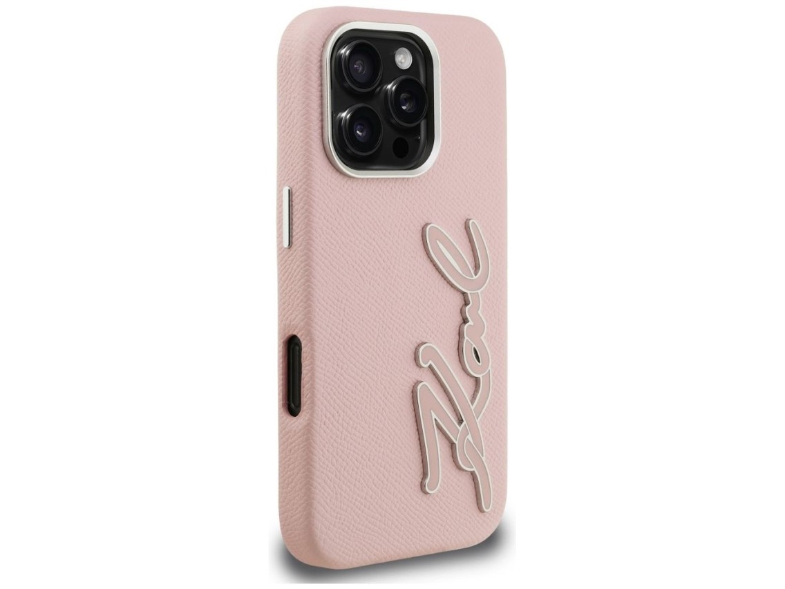 Capa Karl Lagerfeld FW com textura granulada e logo da assinatura para iPhone 16 Pro Max - Rosa
