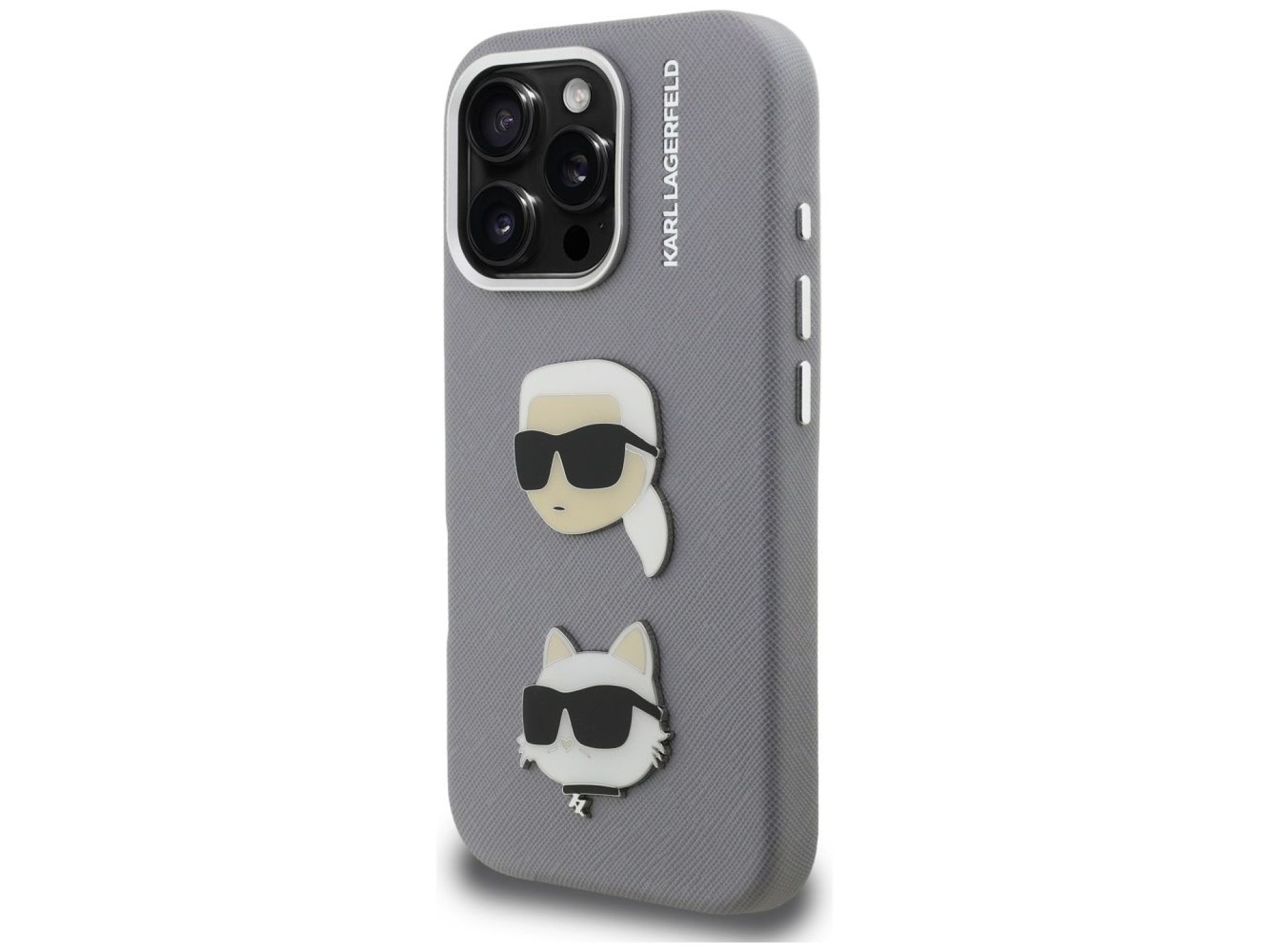 Funda Karl Lagerfeld FW Grained Karl & Choupette Heads Pins para iPhone 16 Pro Max - Gris