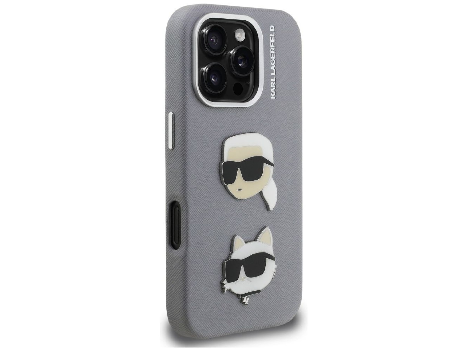 Funda Karl Lagerfeld FW Grained Karl & Choupette Heads Pins para iPhone 16 Pro - Gris