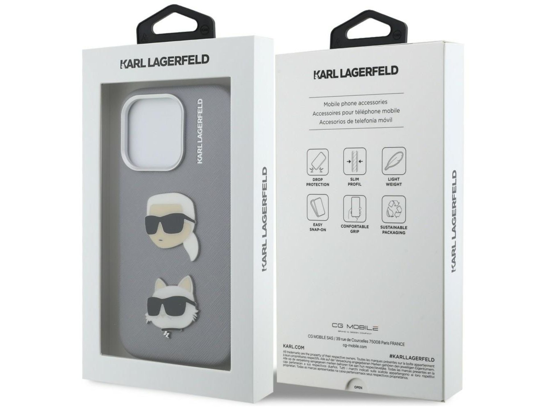 Funda Karl Lagerfeld FW Grained Karl & Choupette Heads Pins para iPhone 16 Pro Max - Gris