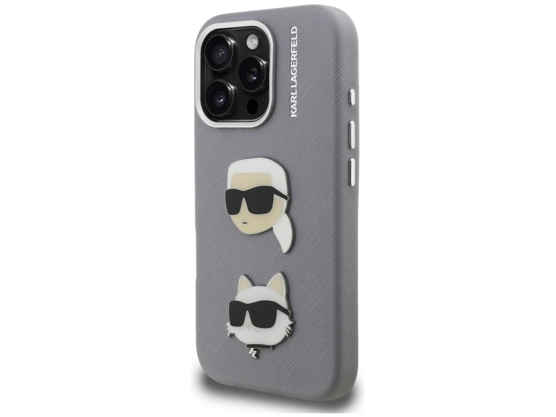 Funda Karl Lagerfeld FW Grained Karl & Choupette Heads Pins para iPhone 16 Pro - Gris