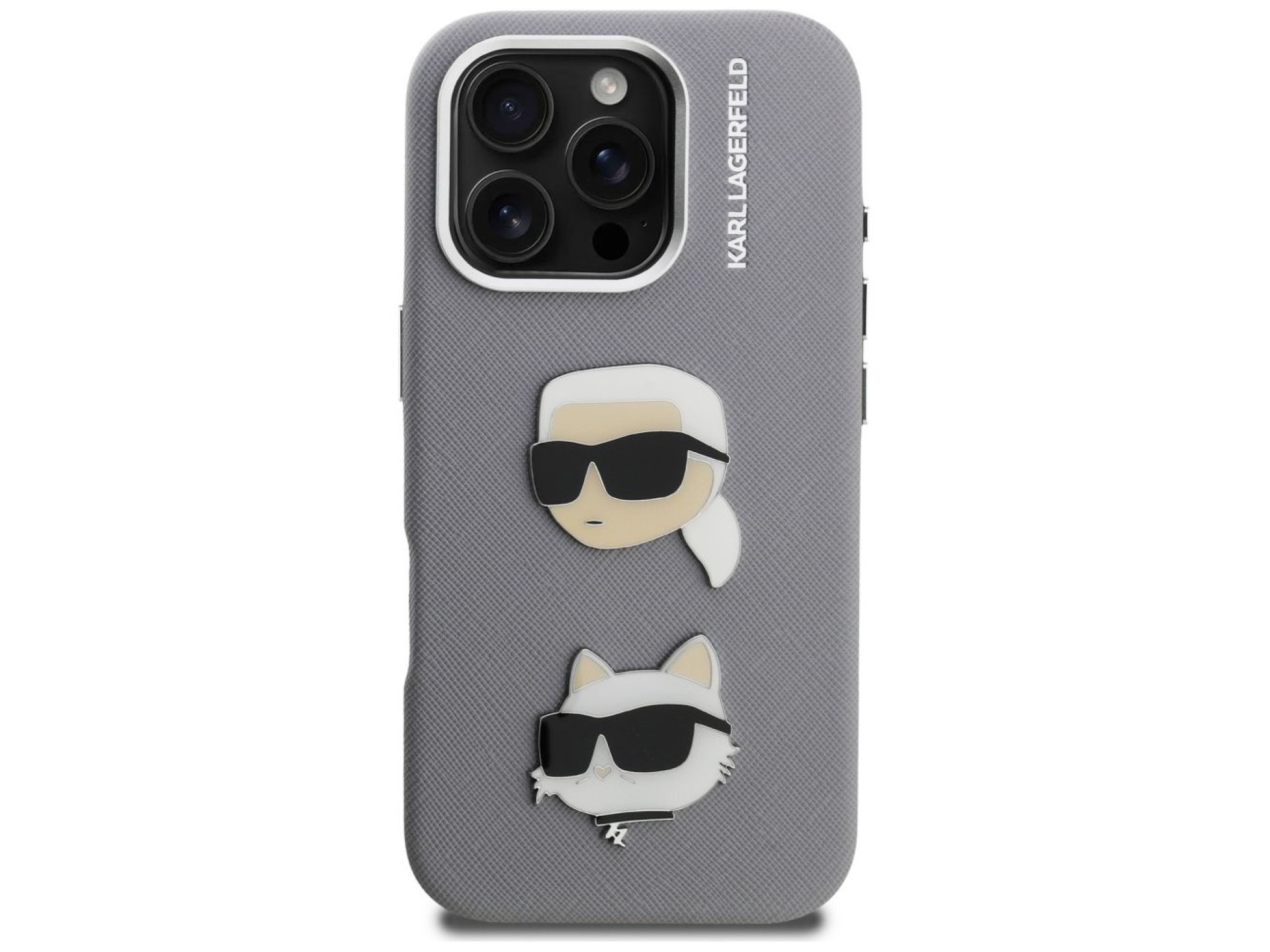 Funda Karl Lagerfeld FW Grained Karl & Choupette Heads Pins para iPhone 16 Pro Max - Gris