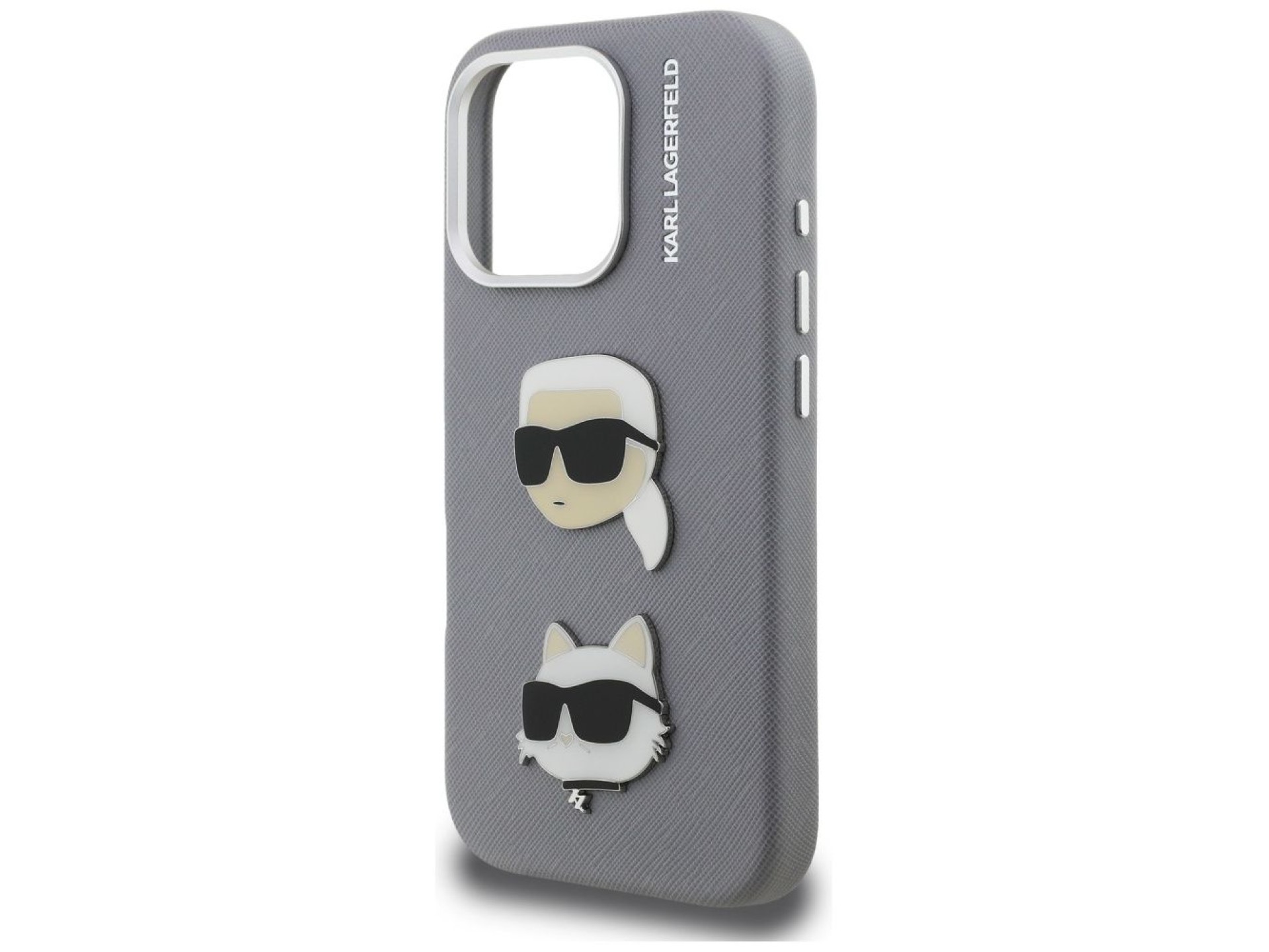 Funda Karl Lagerfeld FW Grained Karl & Choupette Heads Pins para iPhone 16 Pro - Gris