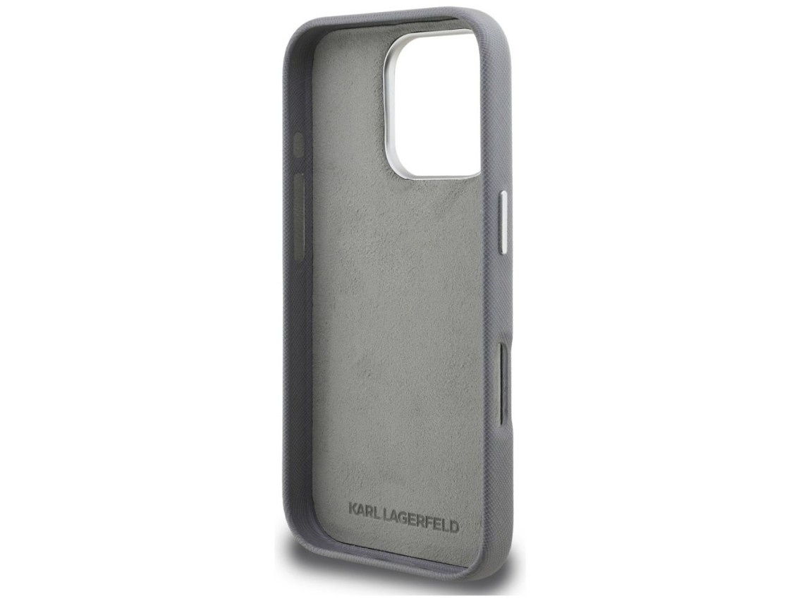 Funda Karl Lagerfeld FW Grained Karl & Choupette Heads Pins para iPhone 16 Pro - Gris