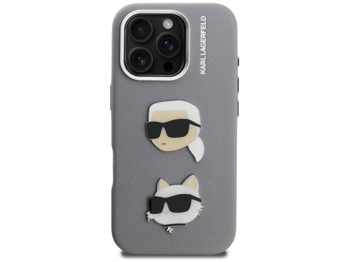 Funda Karl Lagerfeld FW Grained Karl & Choupette Heads Pins para iPhone 16 Pro Max - Gris