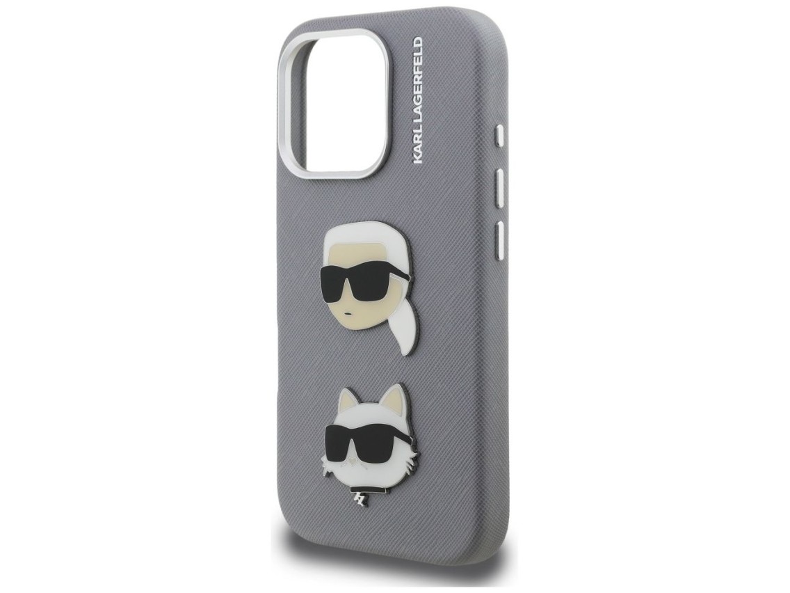 Funda Karl Lagerfeld FW Grained Karl & Choupette Heads Pins para iPhone 16 Pro Max - Gris