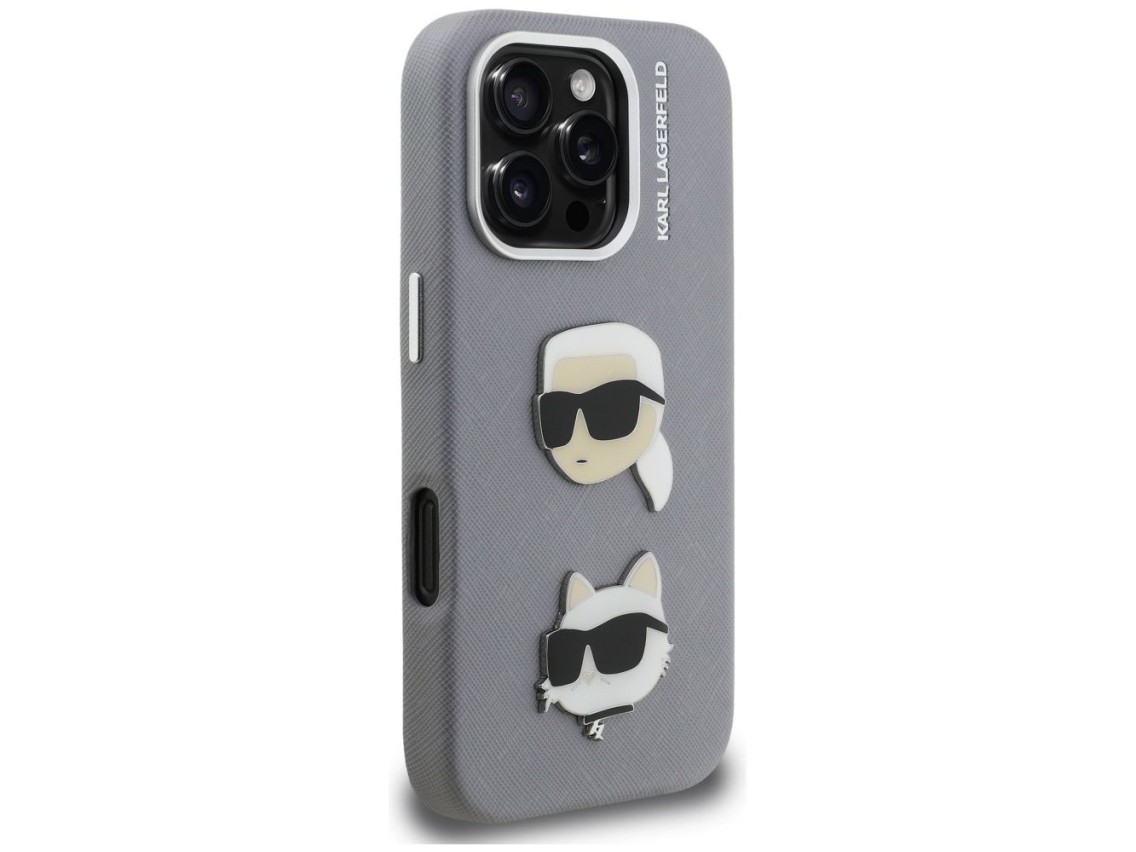 Funda Karl Lagerfeld FW Grained Karl & Choupette Heads Pins para iPhone 16 Pro - Gris