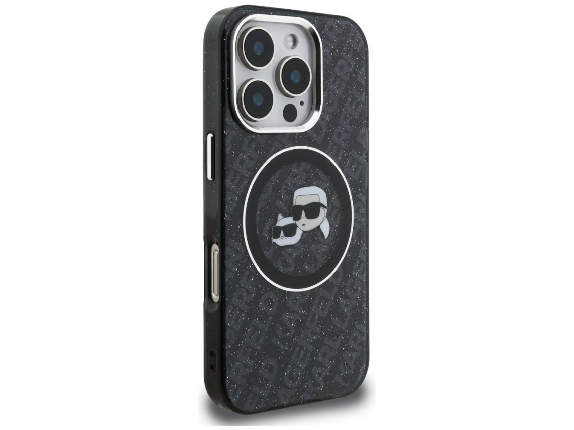 Funda MagSafe Karl Lagerfeld IML Glitter Karl & Choupette Heads para iPhone 16 Pro - Negra