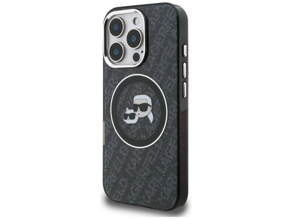 Funda MagSafe Karl Lagerfeld IML Glitter Karl & Choupette Heads para iPhone 16 Pro - Negra