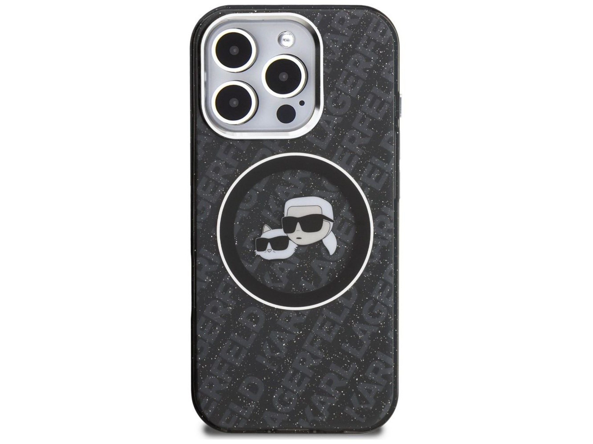 Funda MagSafe Karl Lagerfeld IML Glitter Karl & Choupette Heads para iPhone 16 Pro - Negra
